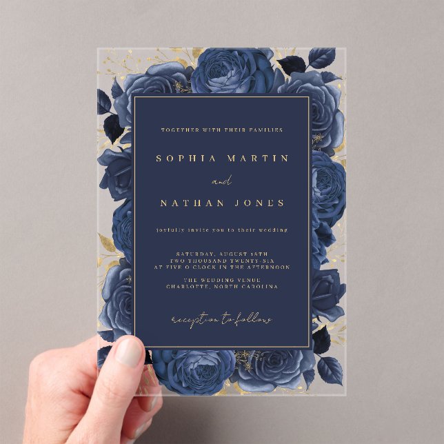 Elegant Navy Gold Rose Clear Wedding Acrylic Invitations (Insitu (Handheld))