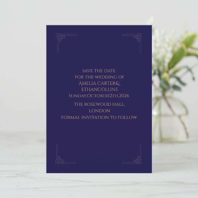 Elegant Navy& Gold Save the Date card (Standing Front)