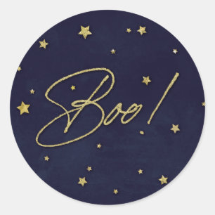 Elegant Navy+Gold Scattered Stars Boo! Halloween Classic Round Sticker