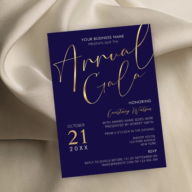 Elegant Navy & Gold Script Business Annual Gala Invitation (Creator Uploaded)