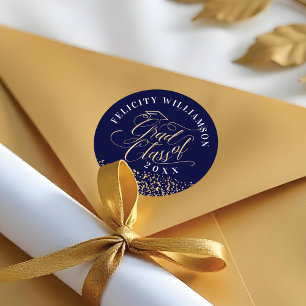 Elegant Navy & Gold Script Graduation Confetti Classic Round Sticker