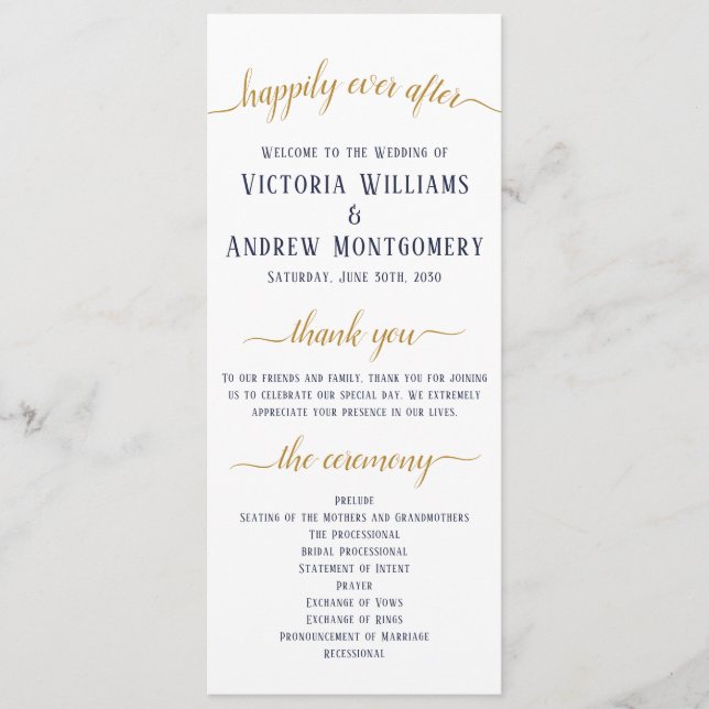 Elegant Navy Gold Script Minimal Wedding Ceremony Program (Front)