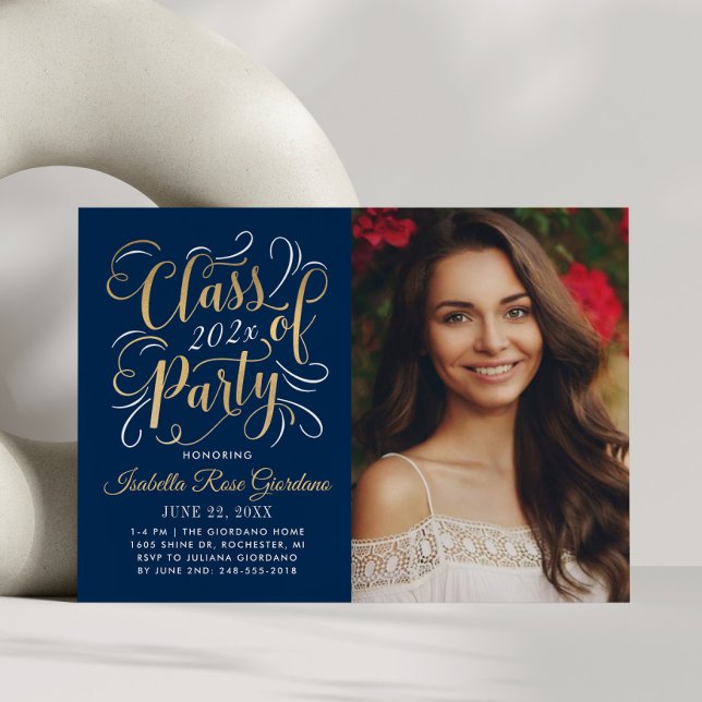 Elegant Navy Gold Script Photo Graduation Party Invitation (Creator Uploaded)