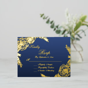 Elegant Navy Gold Script Wedding RSVP Card