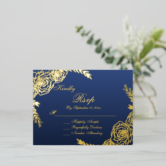 Elegant Navy Gold Script Wedding RSVP Card (Standing Front)