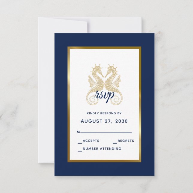 Elegant Navy Gold Seahorses Modern Wedding RSVP Card (Front)