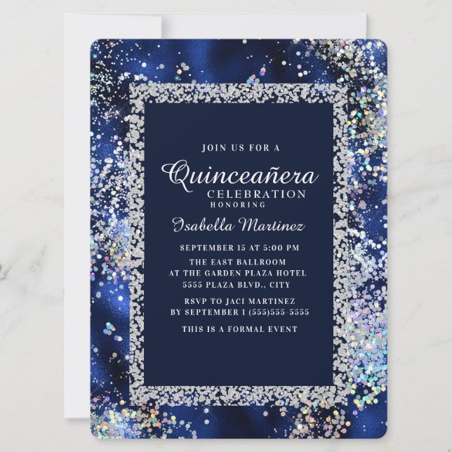 Elegant Navy Gold Silver Glitter Quinceañera Invitation (Front)