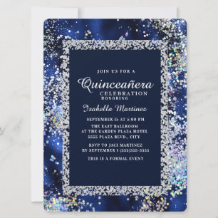 Elegant Navy Gold Silver Glitter Quinceañera Invitation