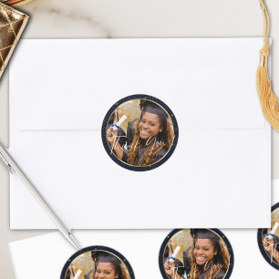 Elegant Navy Gold Thank You Graduation Classic Round Sticker