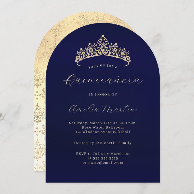Elegant Navy Gold Tiara Quinceanera  Invitation (Front/Back)