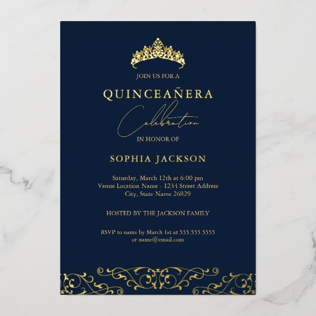 Elegant Navy Gold Tiara Script Quinceanera (Front)