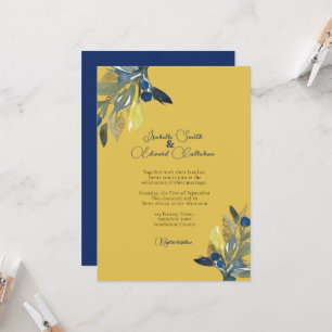 Elegant Navy & Gold Watercolor Leaves Wedding Invitation