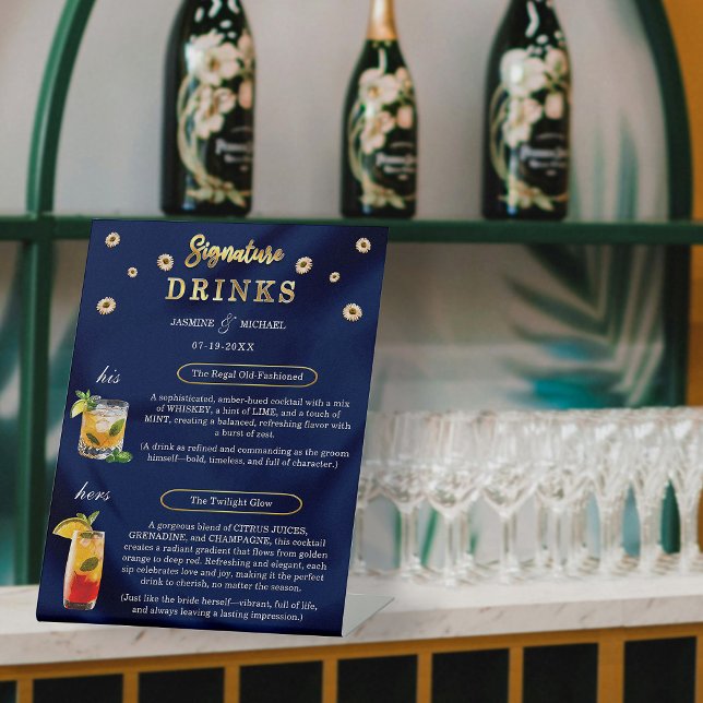 Elegant Navy Gold Wedding Floral Signature Drinks  Pedestal Sign (Creator Uploaded)