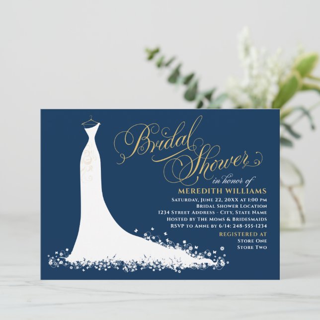 Elegant Navy Gold Wedding Gown Bridal Shower Invitation (Standing Front)