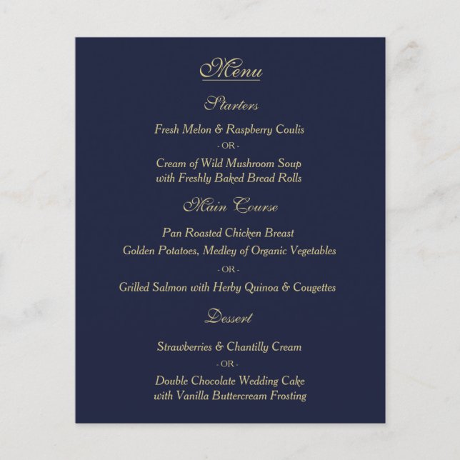 Elegant Navy Gold Wedding Menu Card (Front)