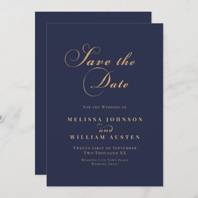 Elegant Navy Gold Wedding Save The Date (Front/Back)