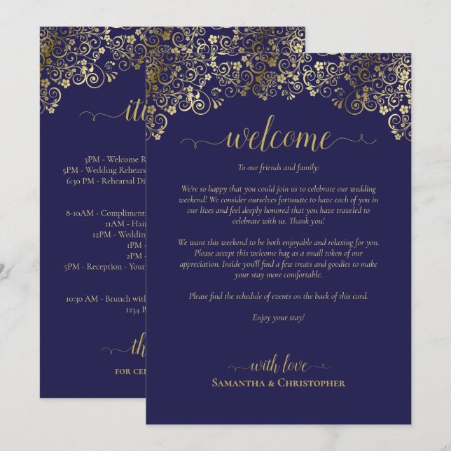 Elegant Navy & Gold Wedding Welcome & Itinerary Program (Front/Back)