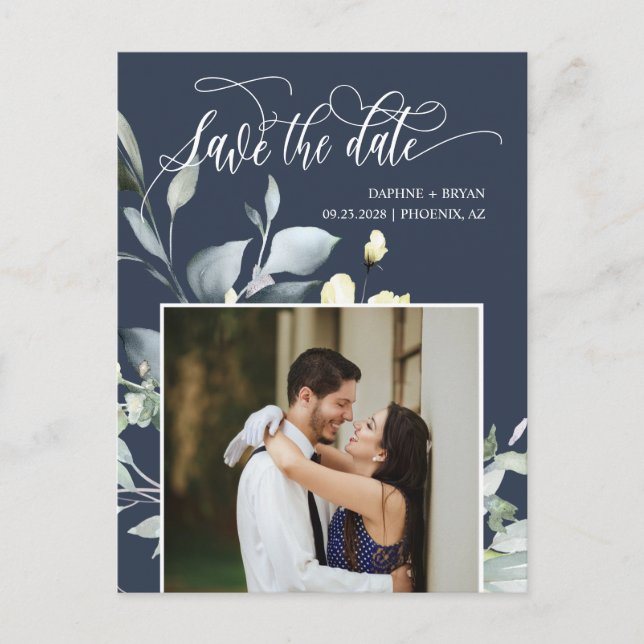 Elegant Navy Green Leaves QR Code Save the Date Announcement Postcard (Front)