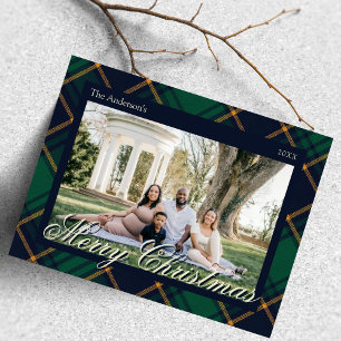 Elegant Navy Green Plaid Christmas Holiday Postcard