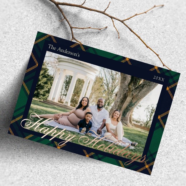 Elegant Navy Green Plaid Happy Holidays Foil Holiday Card (Creator Uploaded)