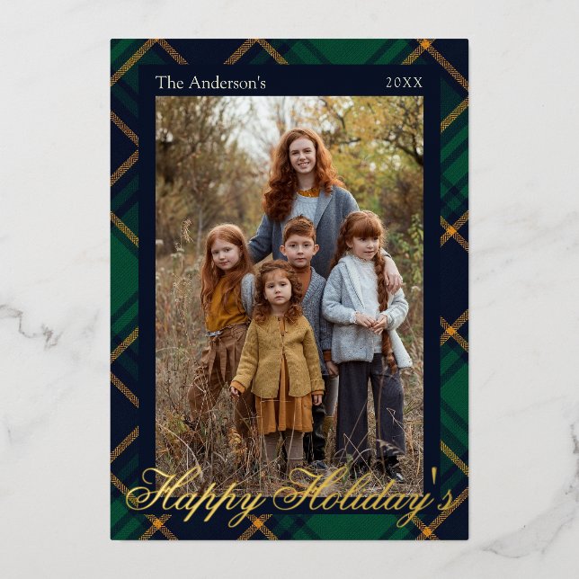 Elegant Navy Green Plaid Holidays Golden  Foil Holiday Card (Front)