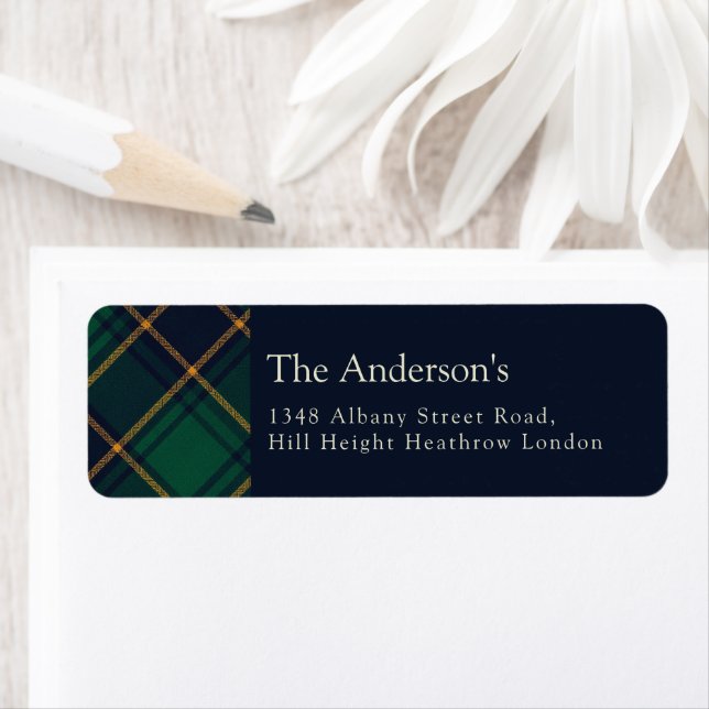 Elegant Navy Green Preppy Plaid Christmas Return Address Label (Insitu)