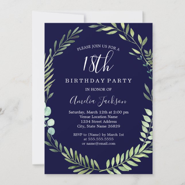 Elegant Navy Green Watercolor 18th Birthday Invitation (Front)
