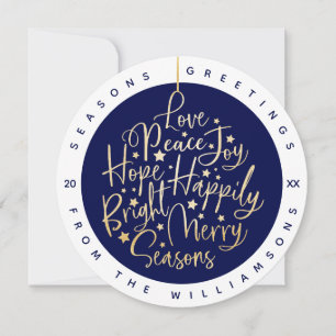 Elegant Navy Greetings Typography Ornament Photo Holiday Card