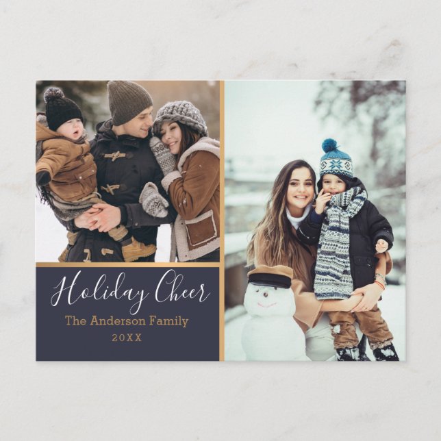 Elegant Navy Holiday Cheer Photo Collage Gold Postcard (Front)