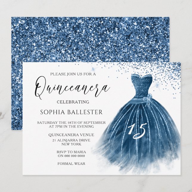 Elegant Navy Indigo Glitter Gown Quinceanera Party Invitation (Front/Back)