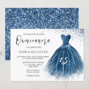 Elegant Navy Indigo Glitter Gown Quinceanera Party Invitation