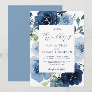 Elegant Navy Light Blue Dusty Flowers Wedding Invitation