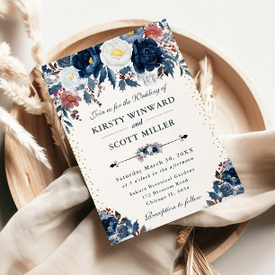 Elegant Navy & Light Blue Floral Wedding Invitation