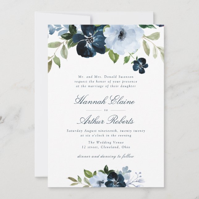 elegant navy & light blue floral wedding invitation (Front)