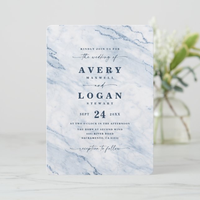 Elegant Navy & Light Blue Metallic Marble Wedding Invitation (Standing Front)