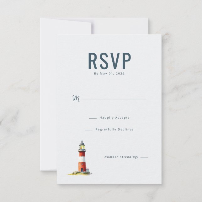 Elegant Navy Lighthouse RSVP Card (Front)