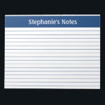 Elegant Navy Lined 11 x 8.5 Landscape Personalised Notepad<br><div class="desc">Elegant Navy Lined 11 x 8.5 Landscape Personalised Notepad These customisable notepads are simple for every day use or sending a formal note to someone from your home office or desk. You can also choose a variety of colours from our shop for your home office needs. Personalise these notepads with...</div>