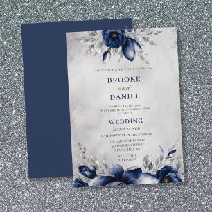 Elegant Navy Magnolia Lisianthus Silver Wedding Invitation