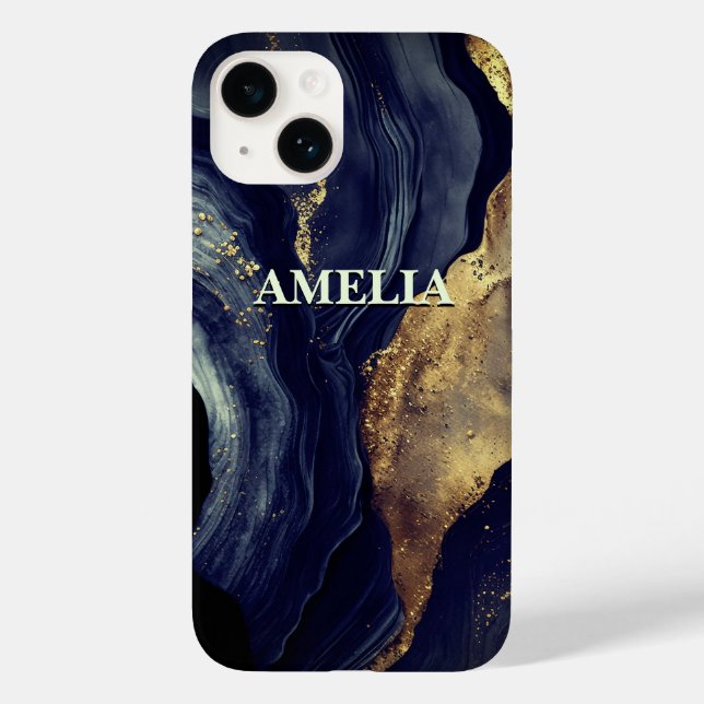 Elegant navy marble art faux gold glitter Case-Mate iPhone case (Back)