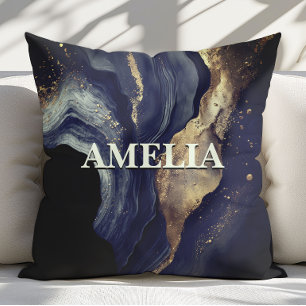 Elegant navy marble art faux gold glitter cushion