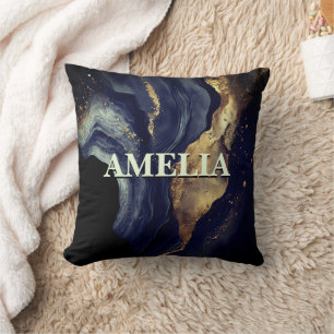 Elegant navy marble art faux gold glitter cushion