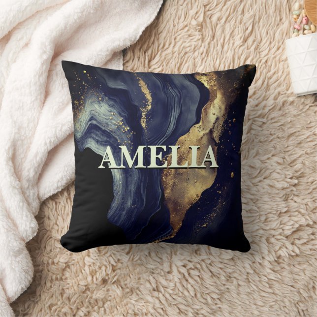 Elegant navy marble art faux gold glitter cushion (Blanket)