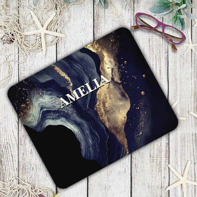 Elegant navy marble art faux gold glitter mouse pad (Creator Uploaded)