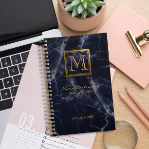 Elegant Navy Marble Square Gold Monogram Notary Planner