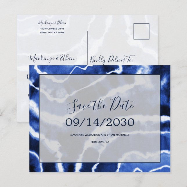 Elegant Navy Marble Tie Dye Wedding Save the Date Announcement Postcard (Front/Back)
