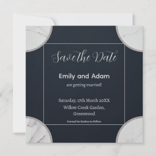 Elegant navy minimalist design with marble corners save the date
