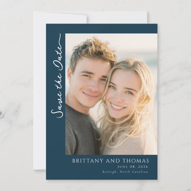 Elegant Navy Minimalist Photo Save The Date (Front)