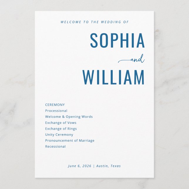 Elegant Navy Minimalist Wedding Ceremony Program (Front)