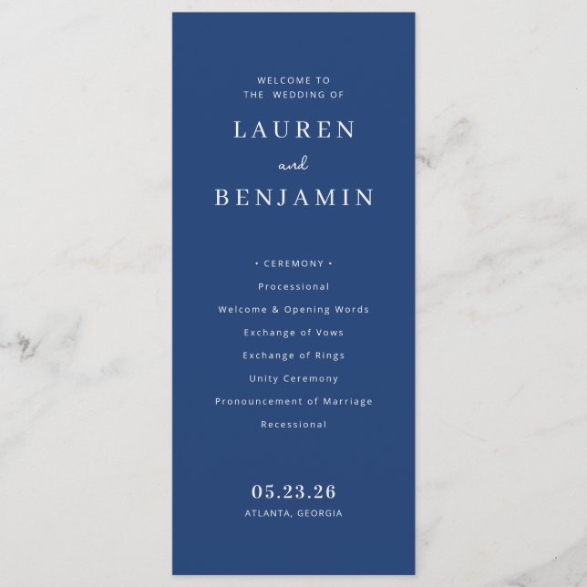 Elegant Navy Minimalist Wedding Ceremony Program (Front)