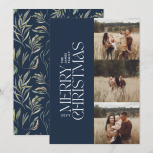 Elegant navy modern minimal multi photo botanical holiday card